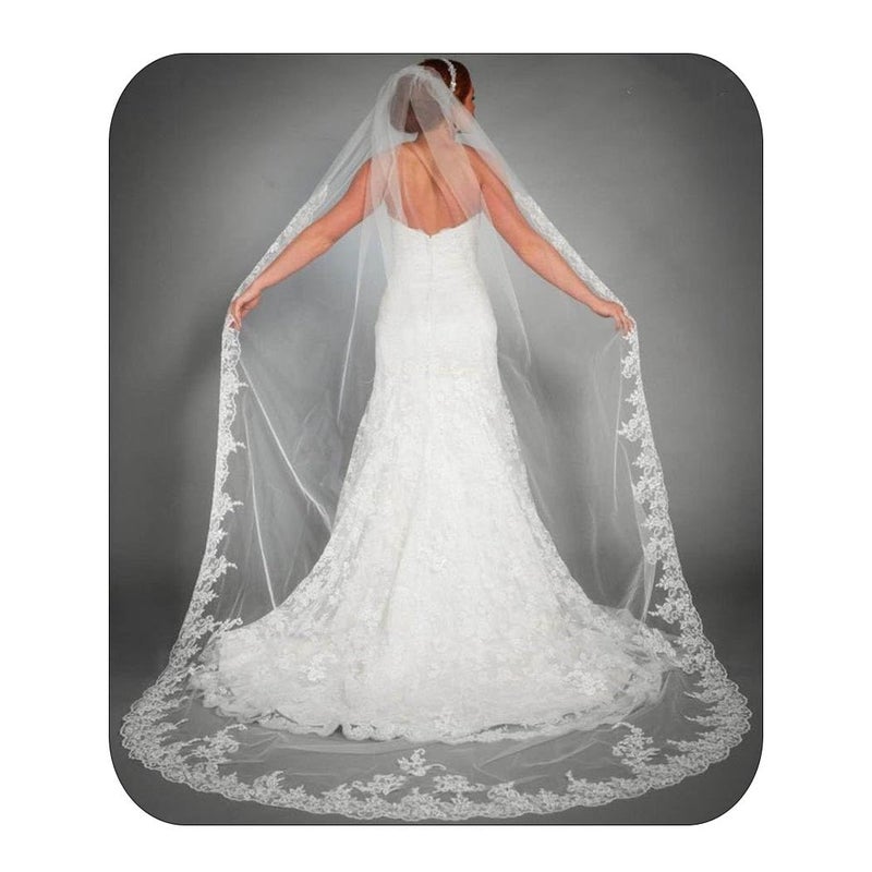 Yalice Catherdal Wedding Veils for Brides Long Bridal Veil 1 Tier Veils Floral Lace Soft Tulle Veils with Comb 118'' (Ivory) - Image 1
